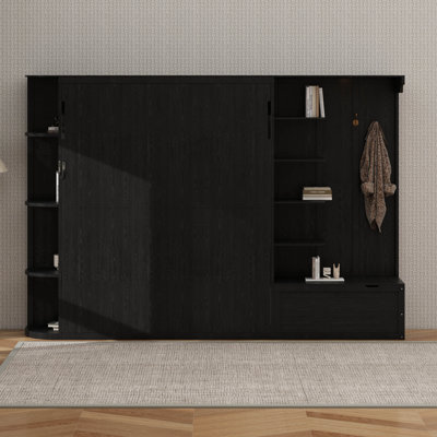 Grand lit escamotable avec rangement et lumières, pieds escamotables dissimulés, finition en placage de chêne, tablettes et armoires intégrées