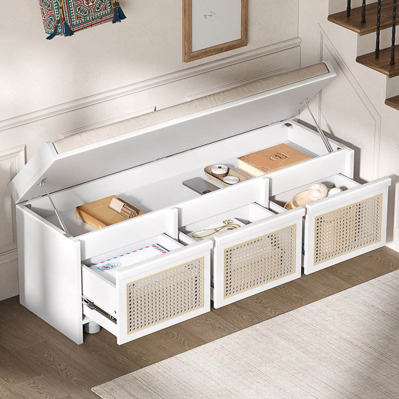 Banc pour chaussures rétro avec tiroirs en rotin et coussin capitonné, White
