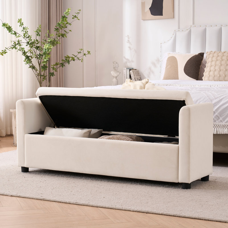Banc rembourré avec rangement pour très grand lit Shaneta, Ivoire