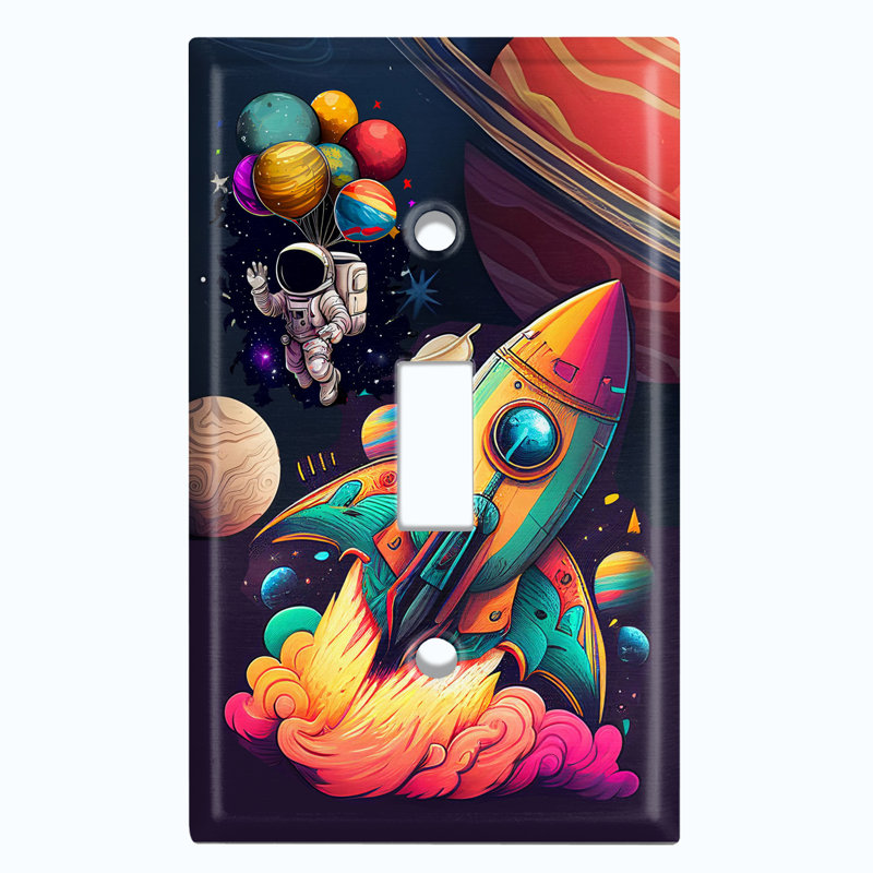 Colorful Animated Astronaut Space Ship Copper Rust Patina Teal Print 1 - Gang Toggle Light Switch Standard Wall Plate