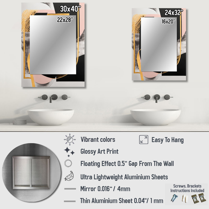 Pink And Gold Art Deco I - Modern Rectangular Wall Mirror, 40" x 30"