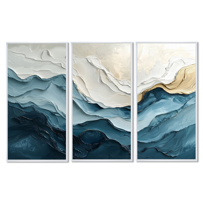 Ensemble 2 pièces d'art mural «White and Blue Marble Wave II», Toile encadrée flottée blanche, H 32 po x l 48 po x P 1 po