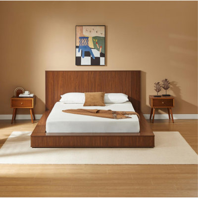 Low Profile Walnut  Wood Platform Bed Frame, Vertical Fluted Panel Headboard & Footboard, Modern Japandi Floor Bed Frame, No Box Spring Required, Sturdy Bedroom Bed Frame for Guest & Mast(
Queen)