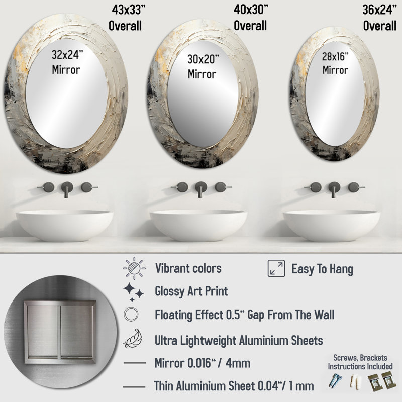 Miroir mural gris beige I - Décoration murale ovale grise, 36 po x 24 po
