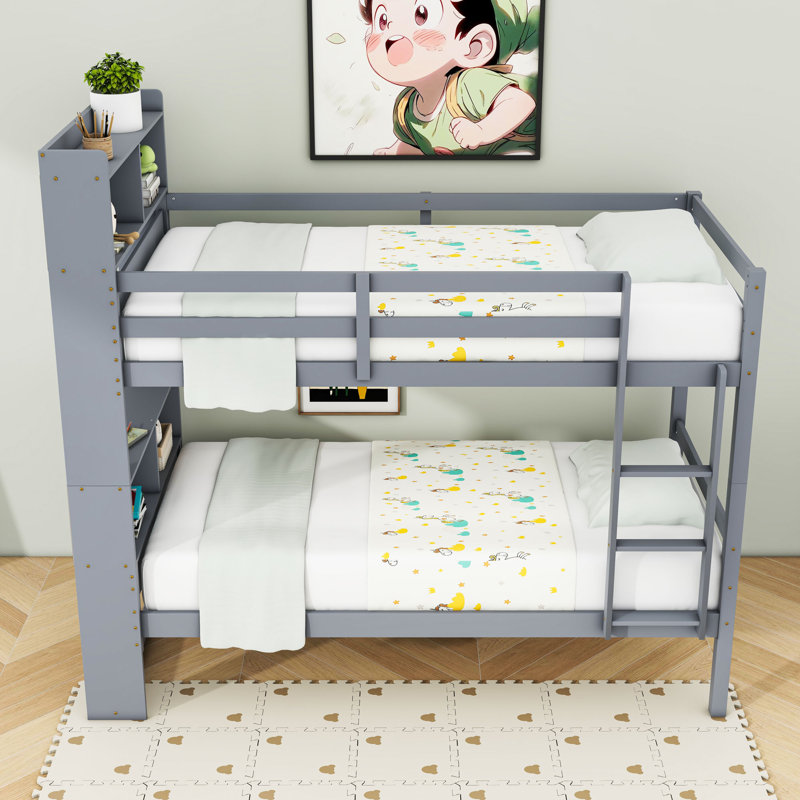 Lit superposé simple en bois avec tablettes, gris