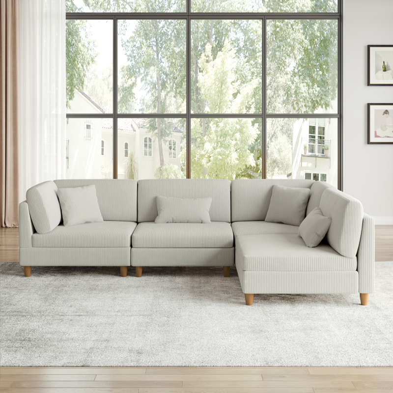 Seemab 4 - Piece Upholstered Sea Salt Gray Corduroy Modular Sectional with Pillow Back and Solid Wood Legs, Sea Salt Gray