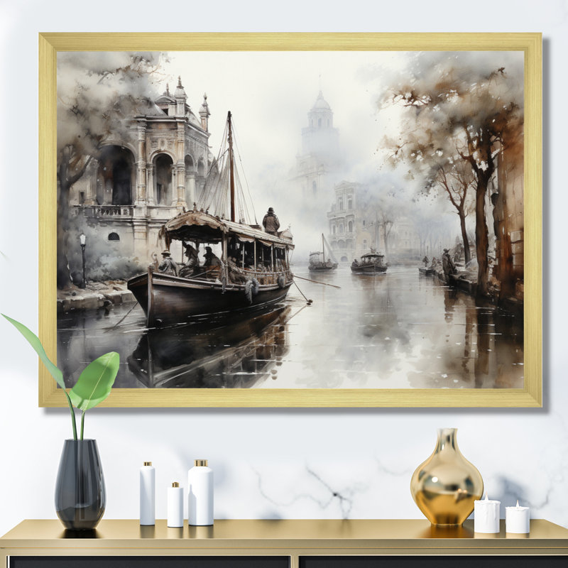 Canal Canal - Encre monochrome de passage, H 34 po x l 44 po x P 1,5 po, Encadrement doré