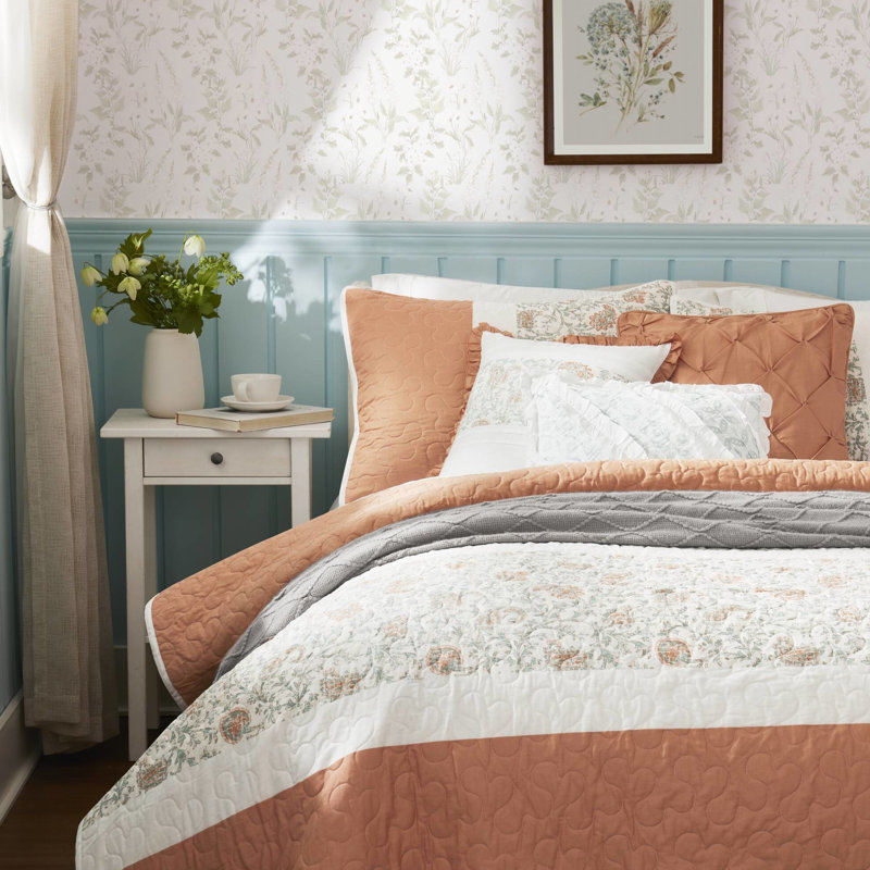Courtepointe réversible 6 pièces - Corail très grand / très grand coton, décor de chambre à coucher, 3 coussins décoratifs