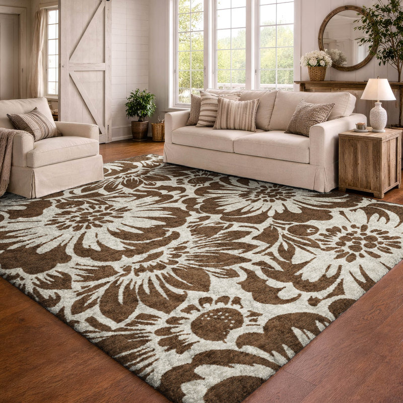 Premium Machine Washable Dream Shag ADS551 Floral Rug, 8' x 10', Brown