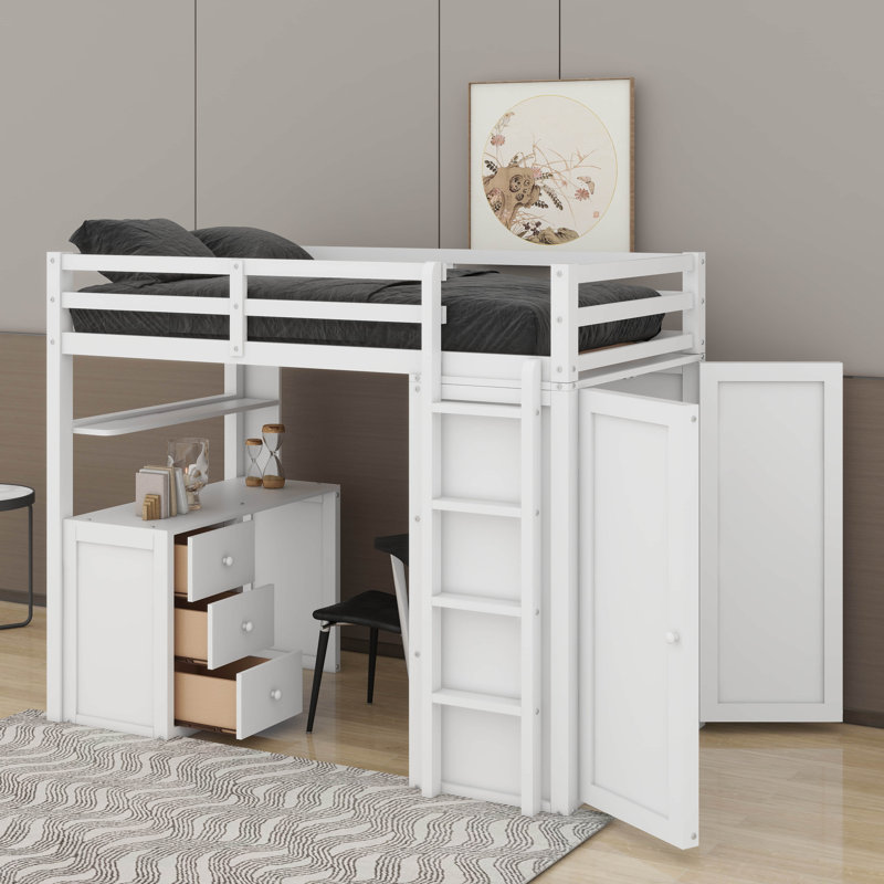 Twin Loft Bed With Drawers,Desk And Wardrobe, White