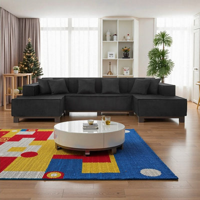 130-inch Modern U-Shaped Sectional Sofa with LED Lighting, Swivel Table, Bluetooth Speaker, Storage & Ottoman