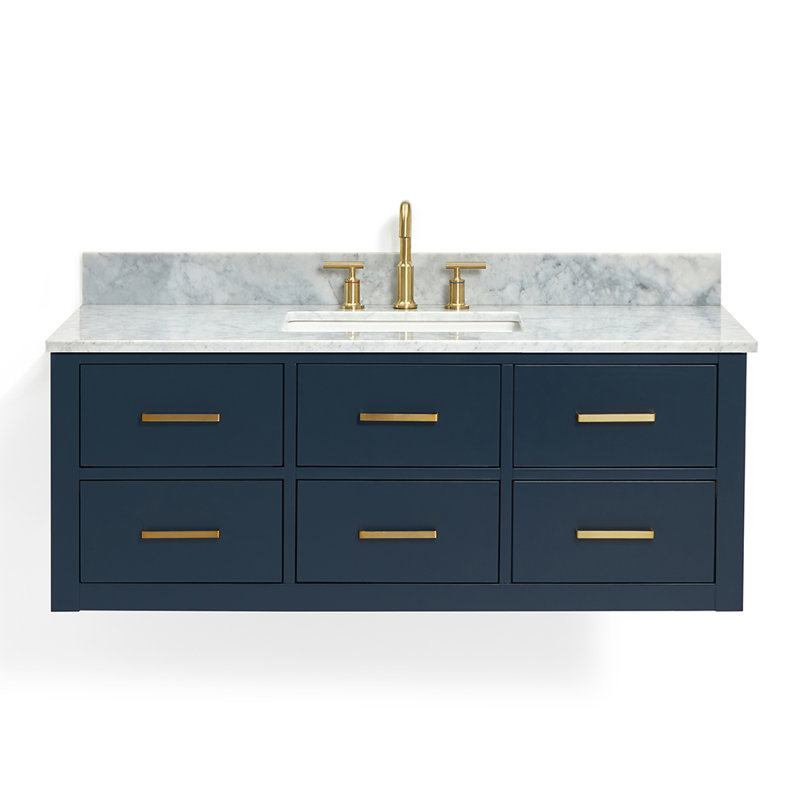 Beltania 49 " W Wall Mounted Wall Mounted 1 Single Vanity Bathroom Vanity With Carrara Marble Top, Midnight Blue, Satin Brass