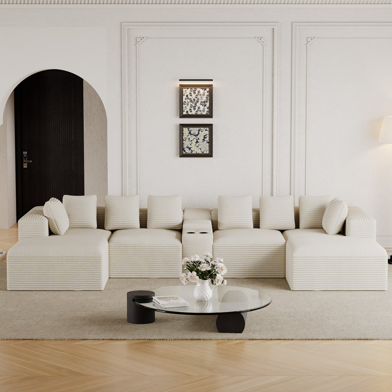 Canapé modulaire de 5 pièces sans assemblage avec chaises, console et porte-gobelet, Beige