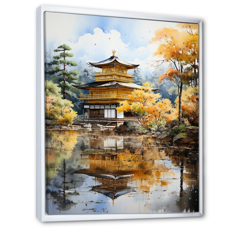 Pleureur Japon Art Golden Pavilion II, Cadre flottant blanc, H 40 po x l 30 po x P 1,5 po