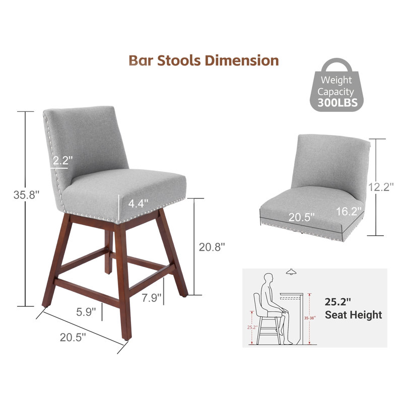 Counter Height Bar Stools Set Of 2 - 360° Swivel Bar Stools With Curved Back,35.8" Tall Linen Bar Chair With Footrest For Kitchen Island, Dining, Cafe