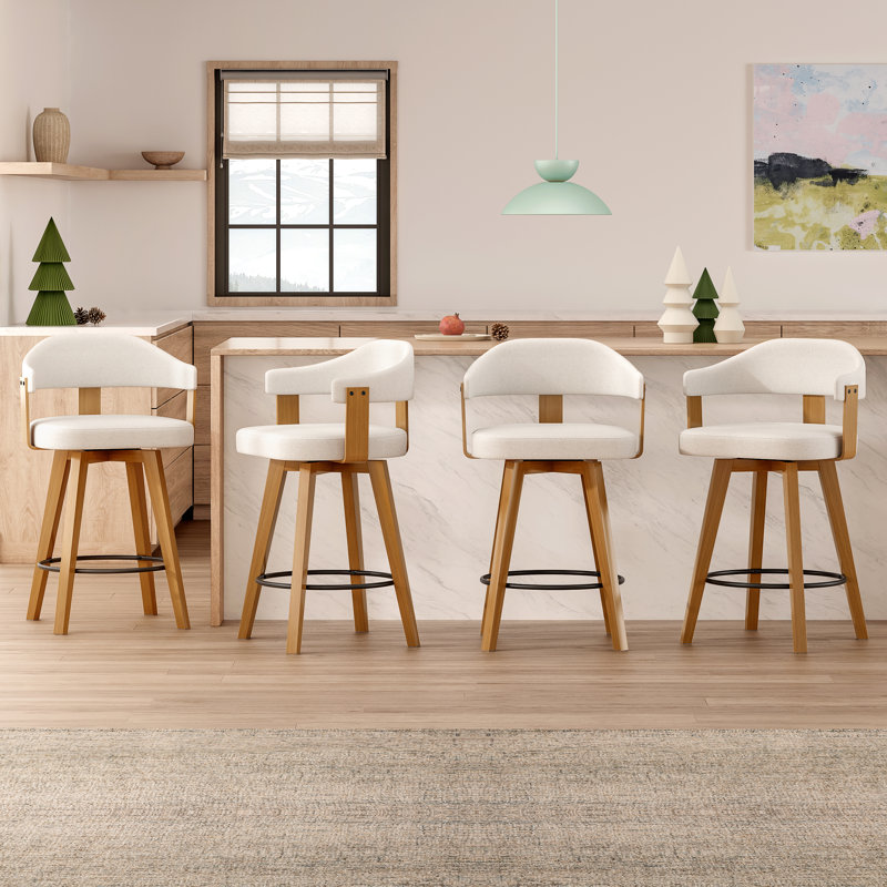Swivel Upholstered Bar Stools 26" Counter Height, Beige Linen, 4, Dark Oak
