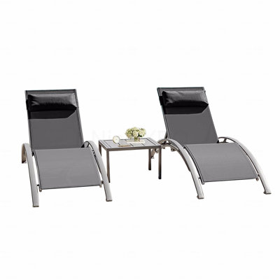 Ensemble de 3 chaises longues de piscine gris foncé (2 chaises longues + 1 table)