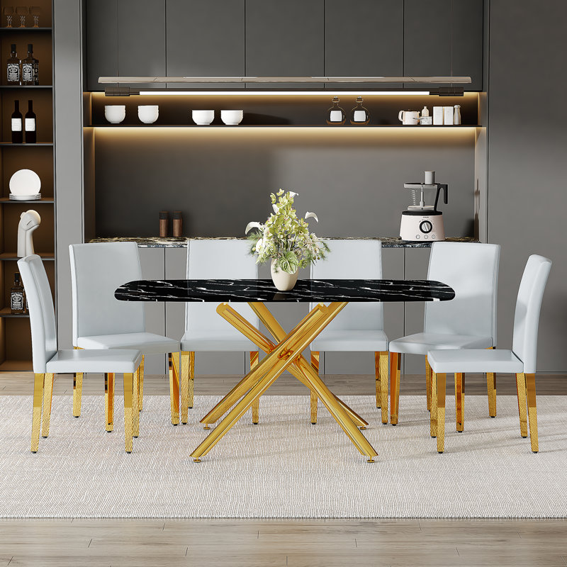 Ensemble de table et de chaises 7PCS, luxueuse table de salle à manger en verre trempé à motif de marbre noir et 6 chaises en polyuréthane