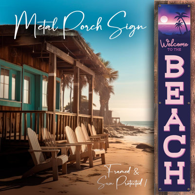 "Welcome To The BEACH - Sunset Palms - Panneau de véranda en métal encadré protégé par le soleil, panneau vertical"