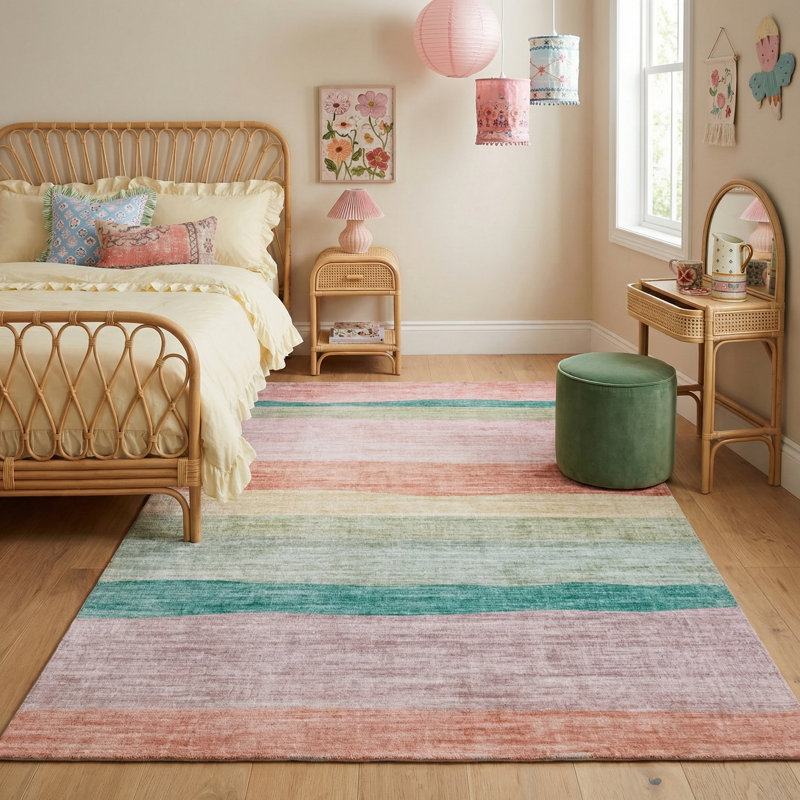Tapis à rayures rose / vert pour enfant 8 pi x 11 pi (7 pi 7 po x 10 pi 10 po) Branch Branch Haze, tapis moderne, à poils moyens et résistant aux taches