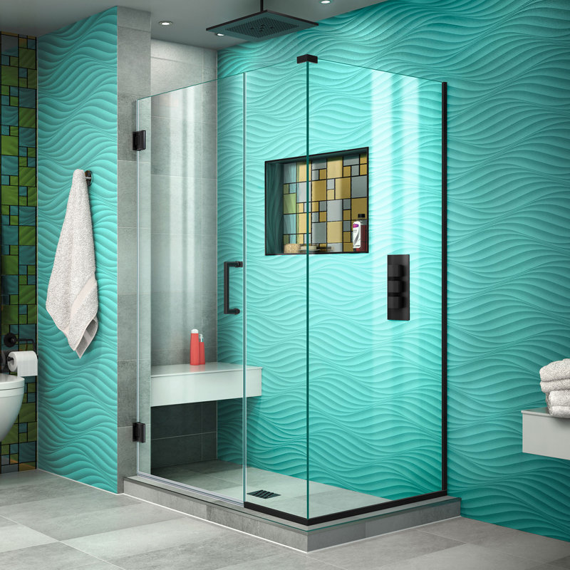 Unidoor Plus 40" W x 34.375" D x 72" H Frameless Pivot Rectangle Shower Enclosure with Fixed Panel, Matte Black