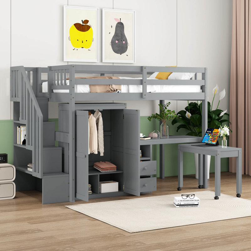 Twin Size Loft Bed With Stairs, Bookshelf, Drawers, Desk And Wardrobe, Space-Saving Multifunctional Furniture For Kids And Teens