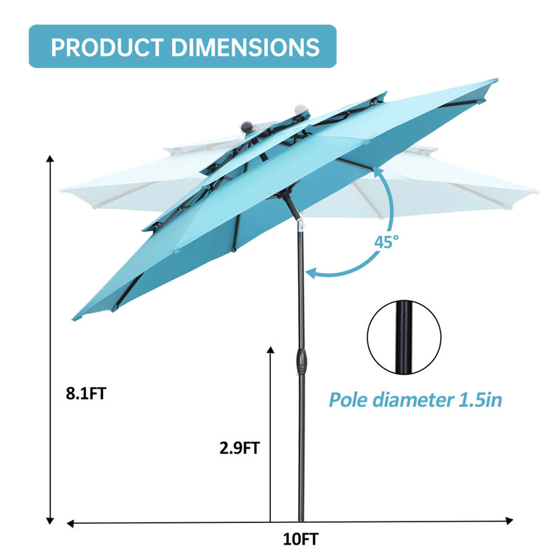 Parasol de marché à 3 niveaux 10 pi avec base, Bleu