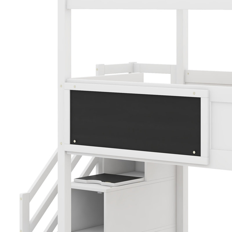 Lit superposé House avec escalier de rangement et tableau noir, amusant et fonctionnel pour les enfants, White