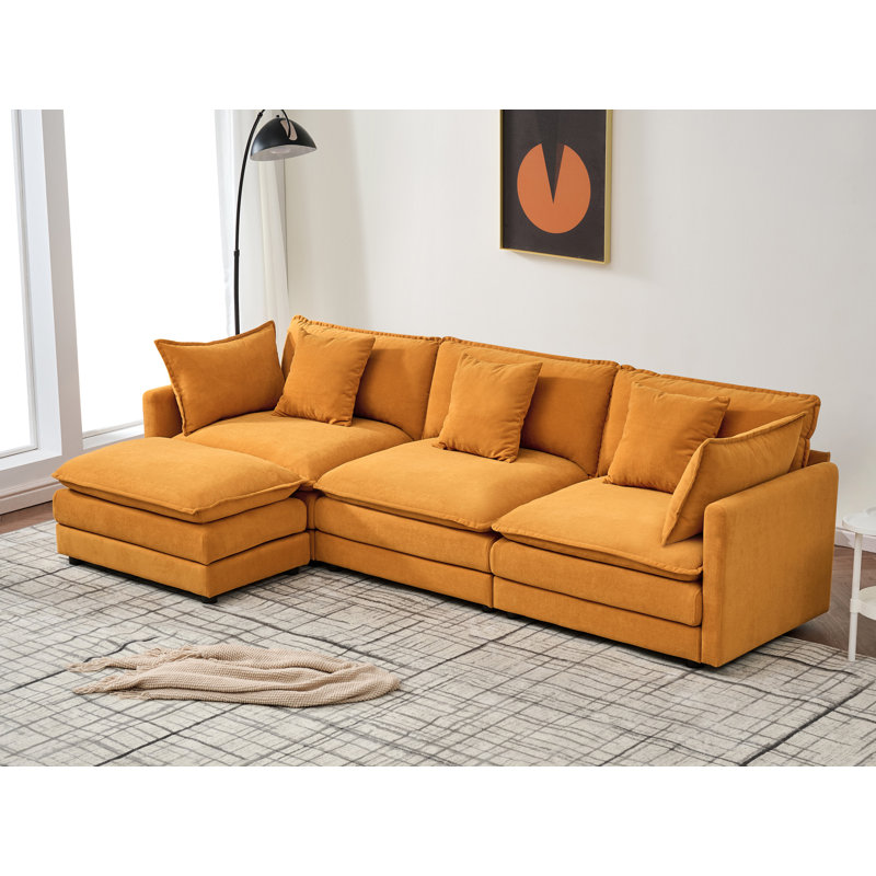 Canapé modulaire 110 po avec repose-pieds 110 po Chenille, Chenille orange
