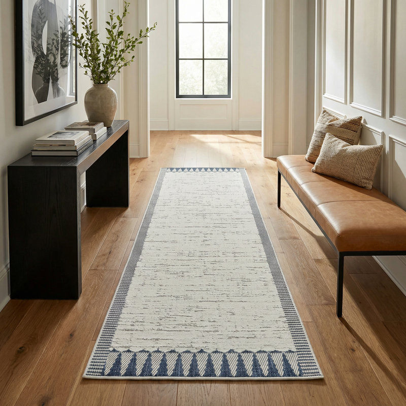 Rug Branch Selene 2' x 8' (2'3"x8') Cream/Blue Geometric Indoor Runner Rug, Contemporary, Low Pile, Stain-Resistant Hallway Carpet - Entryway, Mudroom, Bedroom, and Kitchen