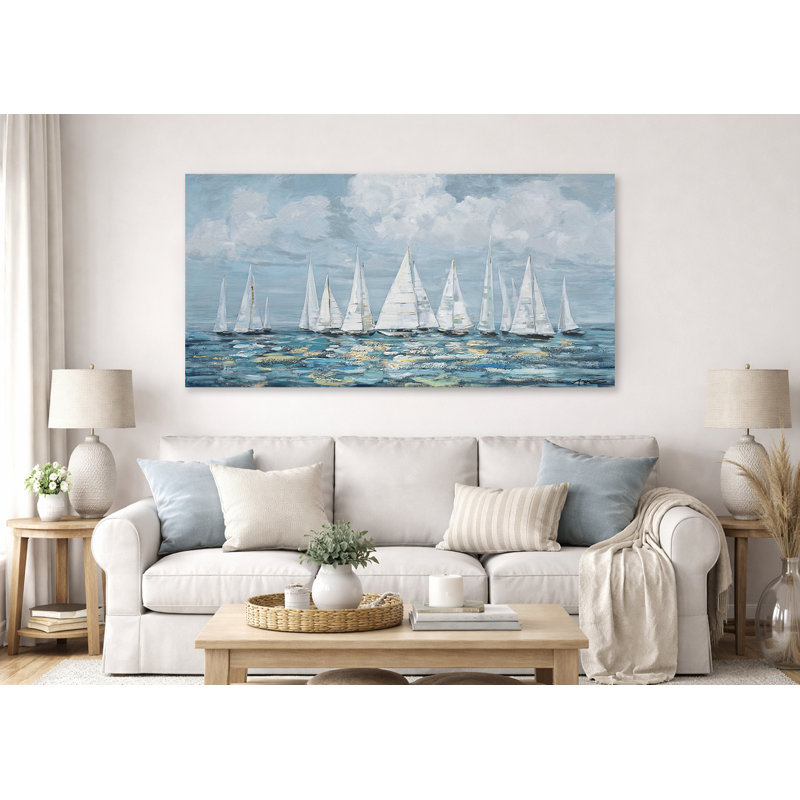 Modern Coastal Sailboat Canvas Wall Art, Blue Ocean Painting, Large Horizontal Wall Decor, 27.5" H x 55" W x 1.5" D