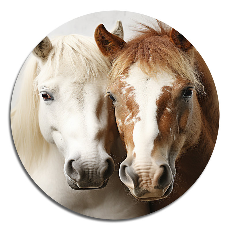 Oleary - Cheval blanc et brun, duo dynamique V - animaux, art en métal rond, H 29 po x l 29 po