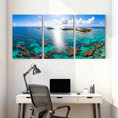 Scenic & Cityscapes Tropical Ocean Coral Reef Island Sky Water Color Set of 3 Canvas Wall Art Prints