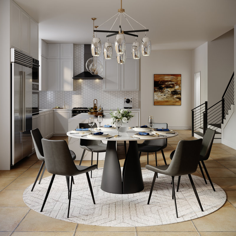 Modern Dining Room Sets, Pre-Assembly Round Dining Table Sets, Sintered Stone Tabletop Kitchen Dining Table Set With PU Upholstered Chairs