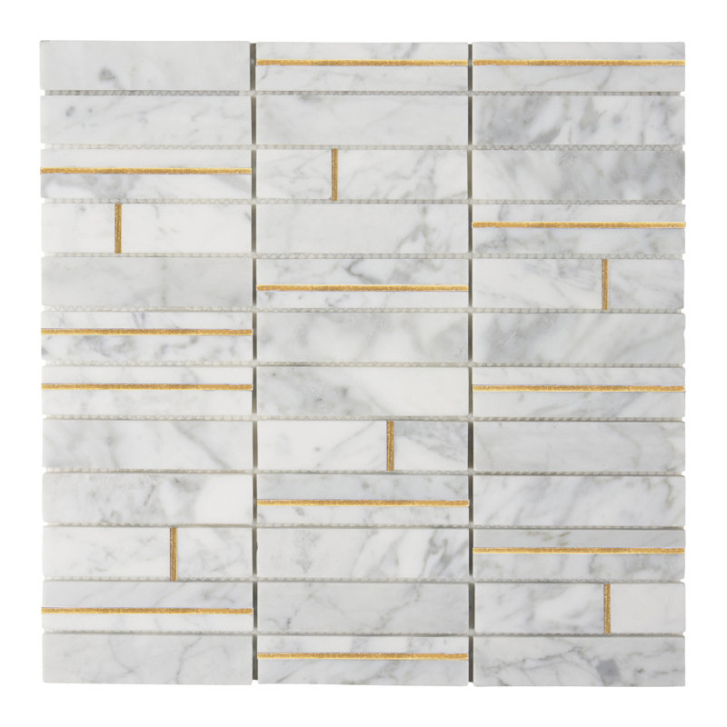 Gold Inlay White Carrara Stacked Mosaic Tile Backsplash