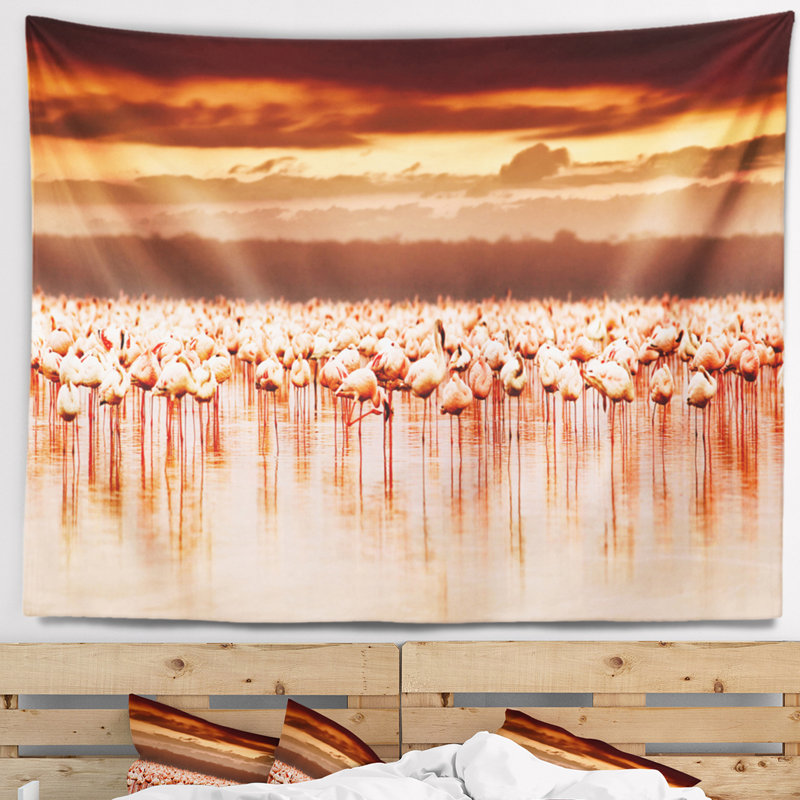 Motif floral de flamants roses au coucher du soleil, H 50 po x l 60 po