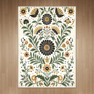 Clermont Vintage Boho Floral Sage Ochre Machine Washable Area Rug