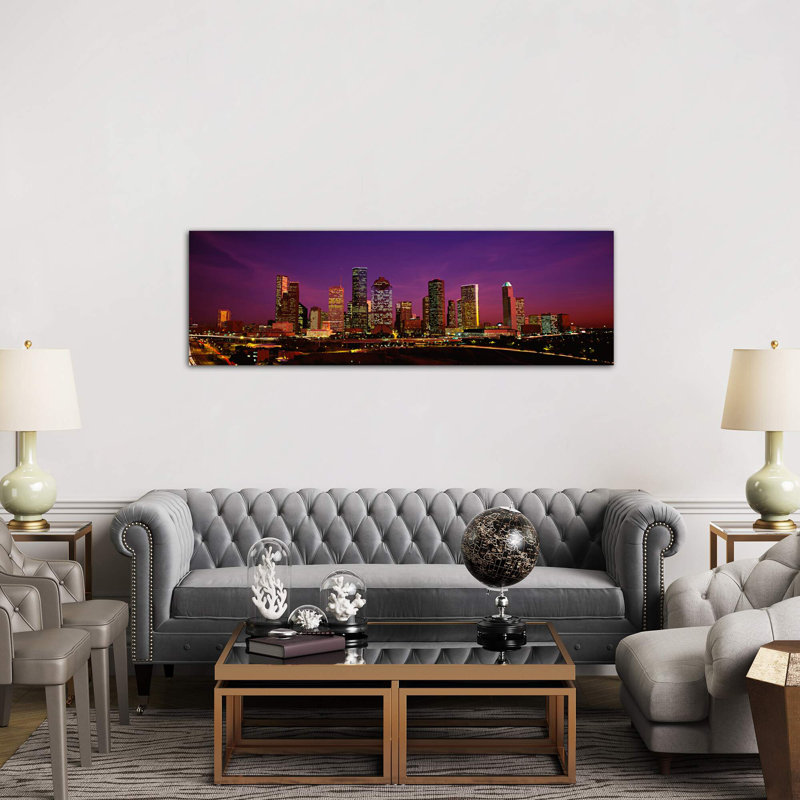 Buildings Lit Up At Night, Houston, Texas, Usa by Panoramic Images - Wrapped Canvas Panoramic Painting
