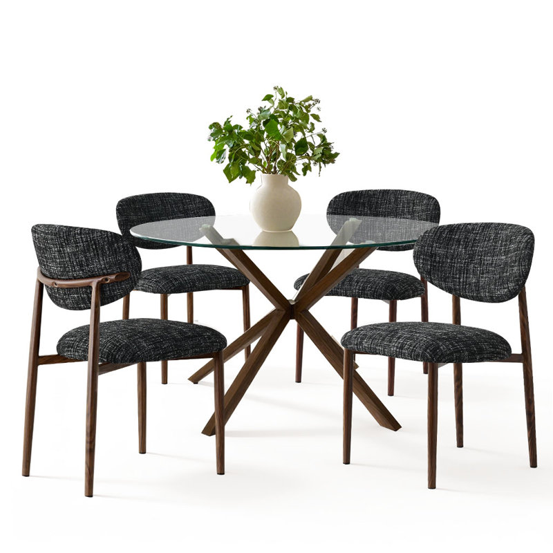 Ensemble de salle à manger 5 pièces en verre rond avec table au fini noyer et 4 chaises d'appoint rembourrées, Noir