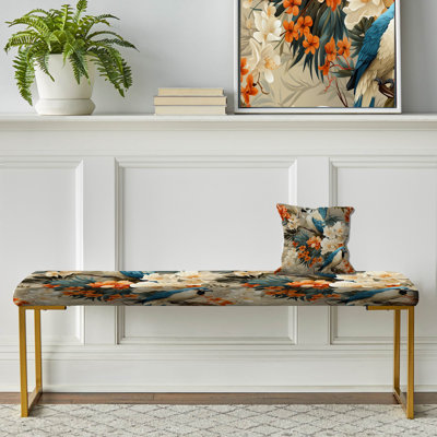 Playful Floral Tropical Birds - Floral Upholstered Gold Bench