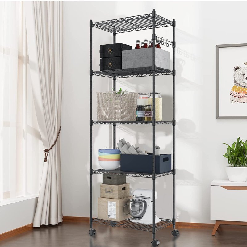 Westbrooke - Adjustable Storage Chromed Wire Shelving Unit with Wheels Hooks, Black, 70.86'' x 23.23'' x 13.78''