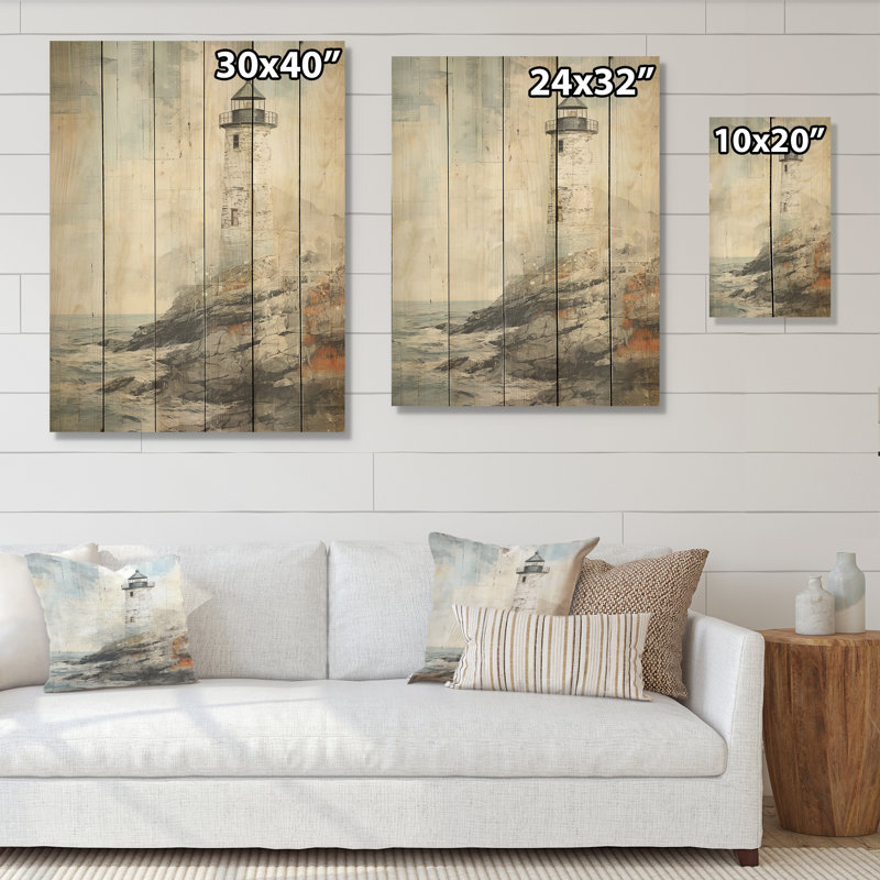 «Grey Minimal Coastal Light House I», art mural sur bois de pin naturel, H 40 po x l 30 po