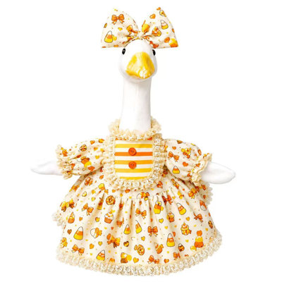 Goose costume set 23 Inch Porch Gooses Halloween Costumes Set Candy Corn Cake Print Dress With Matching Bow Fall Outfit For Outdoor Lawns Gooses Statue Seasonals Farmhouses Yard