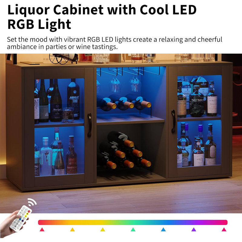 Bar Cabinet With Power Outlets, Led Lights And Glass Holder, Storage Buffet Cabinet, Black