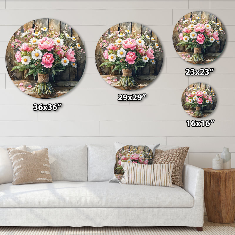 «Rustic Romance Wildflowers Bouquet I», reproduction d'art en métal rose traditionnel, H 16 po x l 16 po