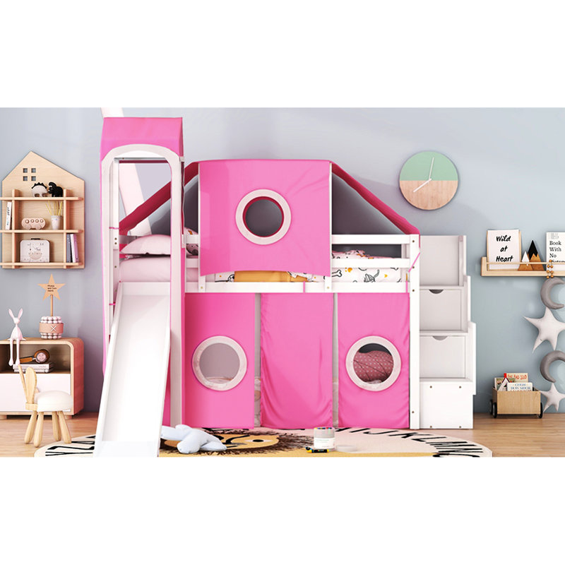 Lit mezzanine simple avec tente et tour rose