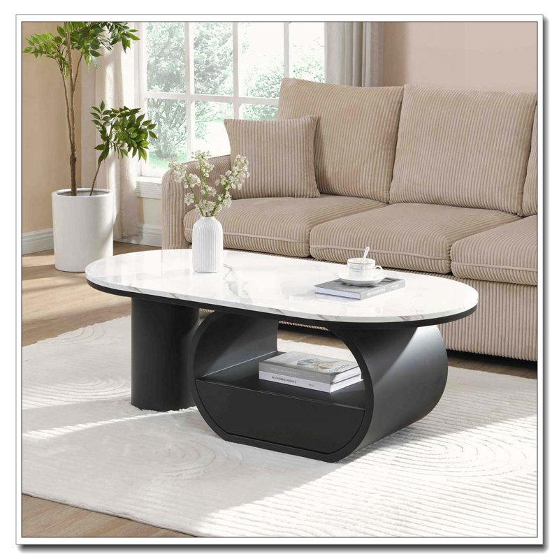 Table basse ovale 47,24 po, Marbre, Blanc/Noir