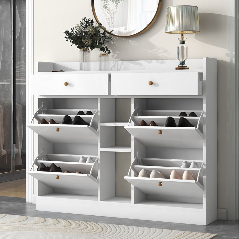 Modern Tipping Bucket Shoe Cabinet With 4 Flip Drawers, Multifunctional 2-Tier Shoe Storage Organizer With Drawers, Free Standing Shoe Rack For Entrance Hallway