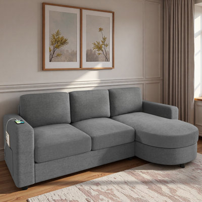 Modern L-shaped Sectional Sofa With Curved Chaise Lounge, Usb Ports And Side Storage Pockets