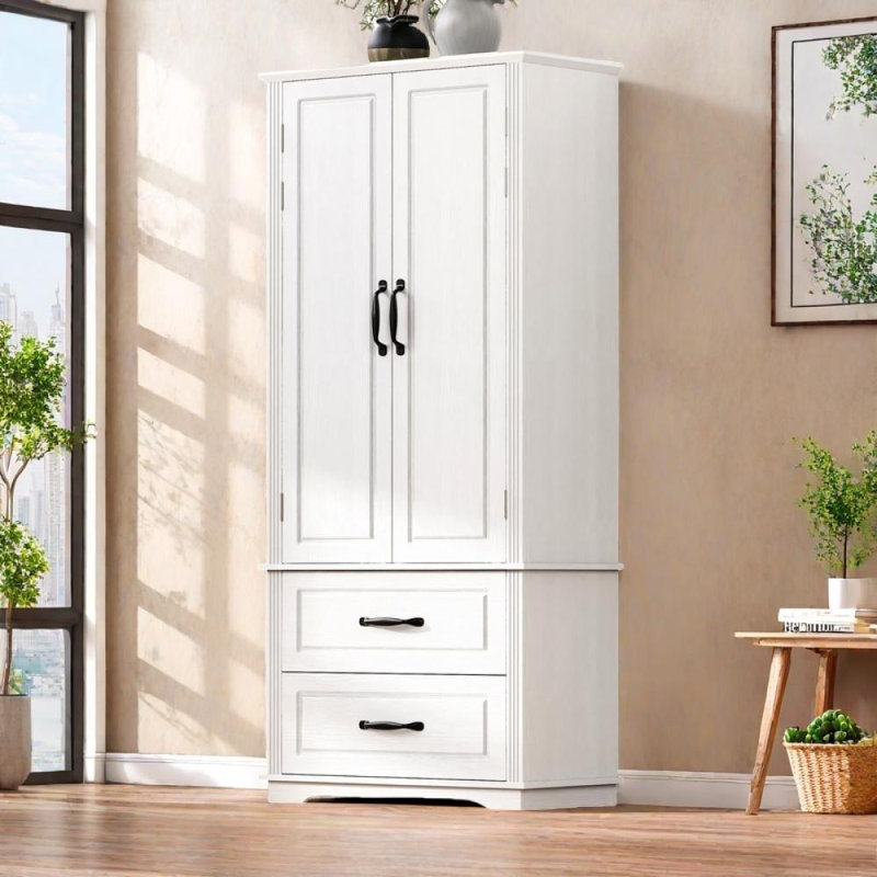 Armoire de cuisine 71 po avec tablettes réglables et portes magnétiques Farmhouse, Blanc